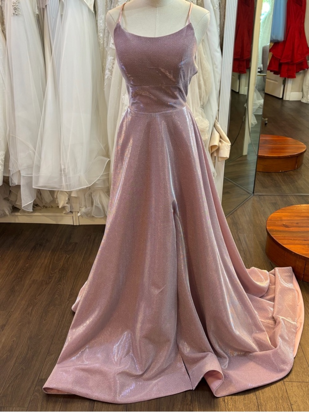 Spaghetti Strap Shimmer Pink Evening Gown